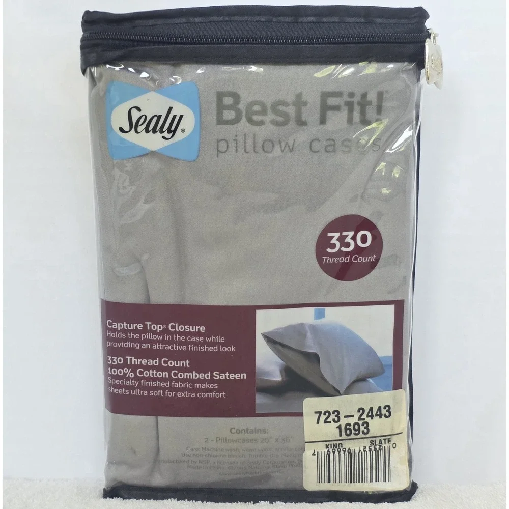 Sealy 330 Thread Count Sateen 2 Pack King Pillowcases Slate Gray New